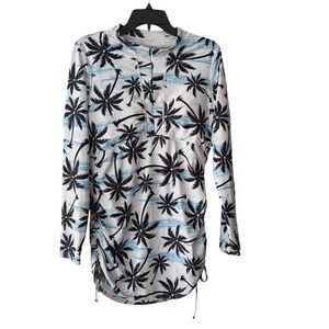 Hiskywin UV Protection White Black &‎ Blue Palm Tree Print Runched Midi Dress